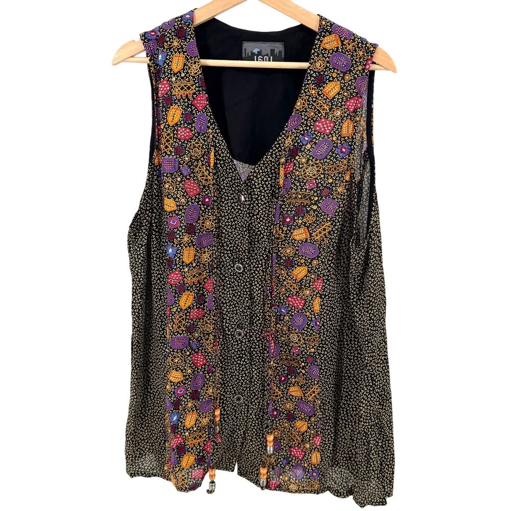 Vintage 90s 1601 Black Rayon Ditsy Geometric Beaded Ties Vest Top